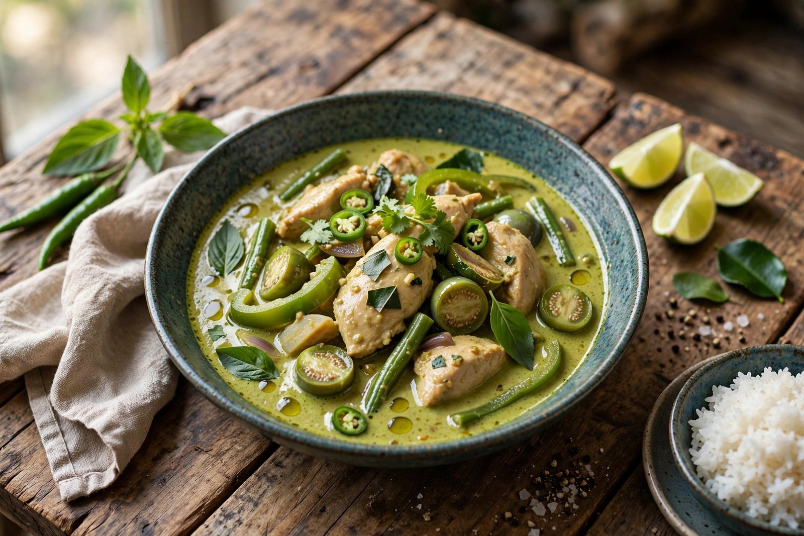 Thai Green Curry served beautifully, ready to eat