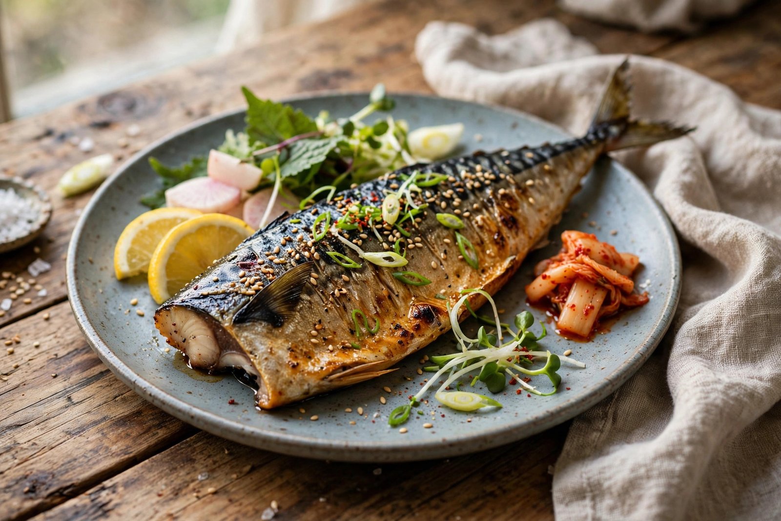 Korean Grilled Mackerel served beautifully, ready to eat