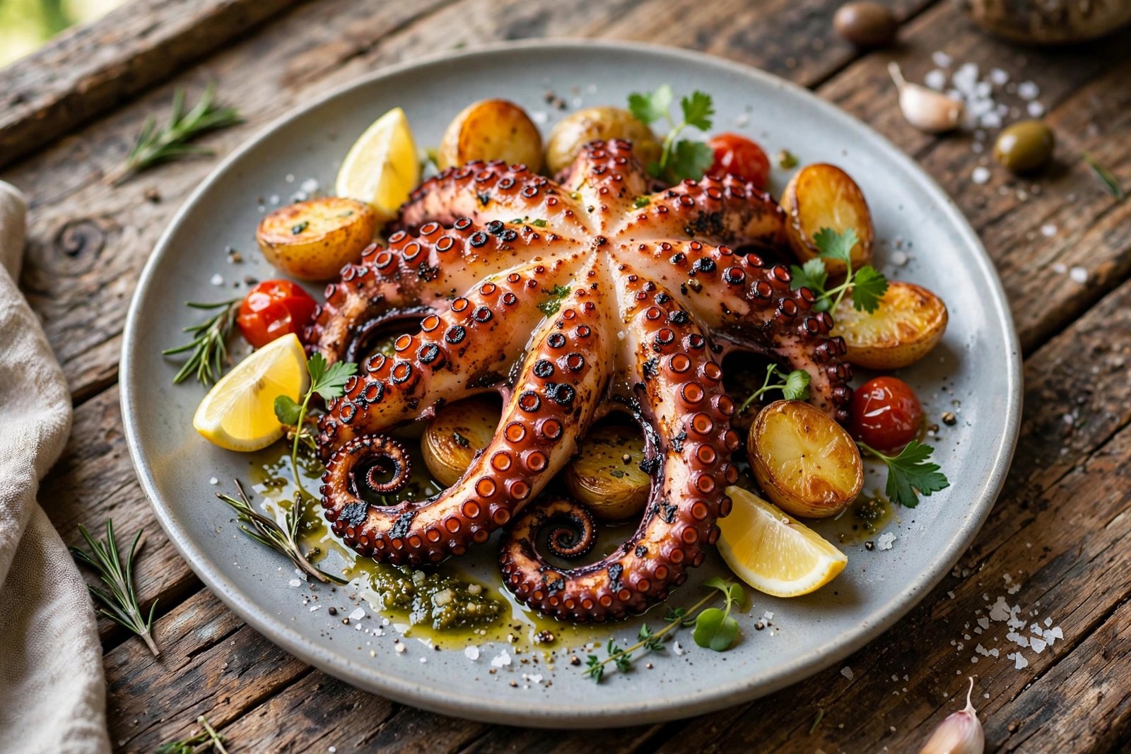 Grilled Octopus served beautifully, ready to eat