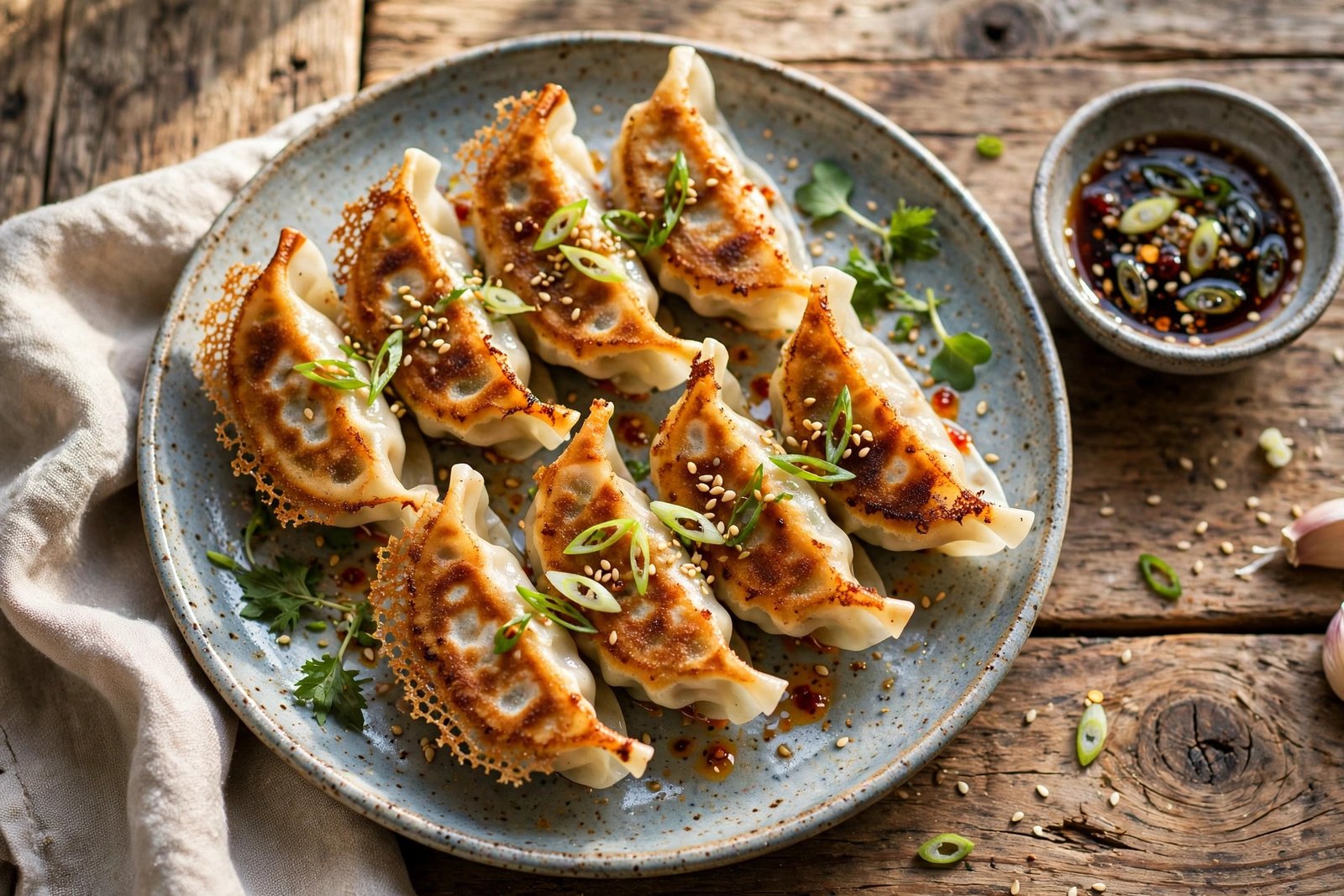 Pan-Fried Gyoza served beautifully, ready to eat
