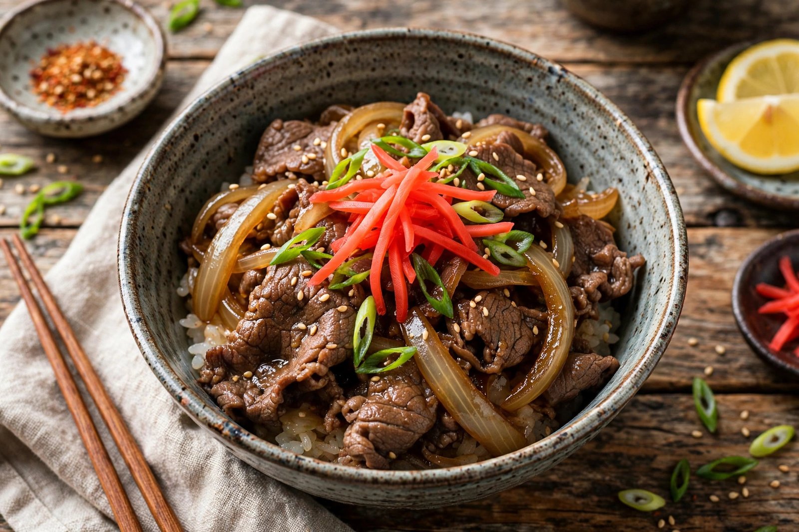 Gyudon served beautifully, ready to eat