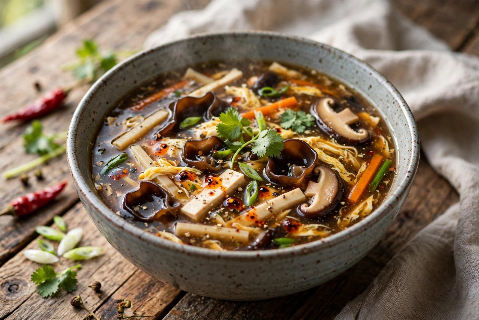 Hot and Sour Soup served beautifully, ready to eat