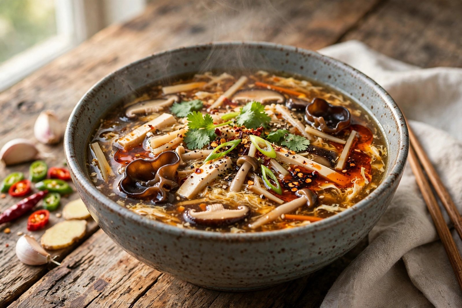 Hot and Sour Soup served beautifully, ready to eat