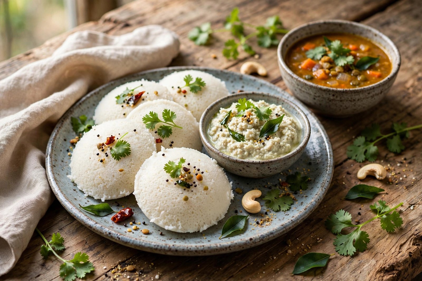 Idli with Sambar served beautifully, ready to eat