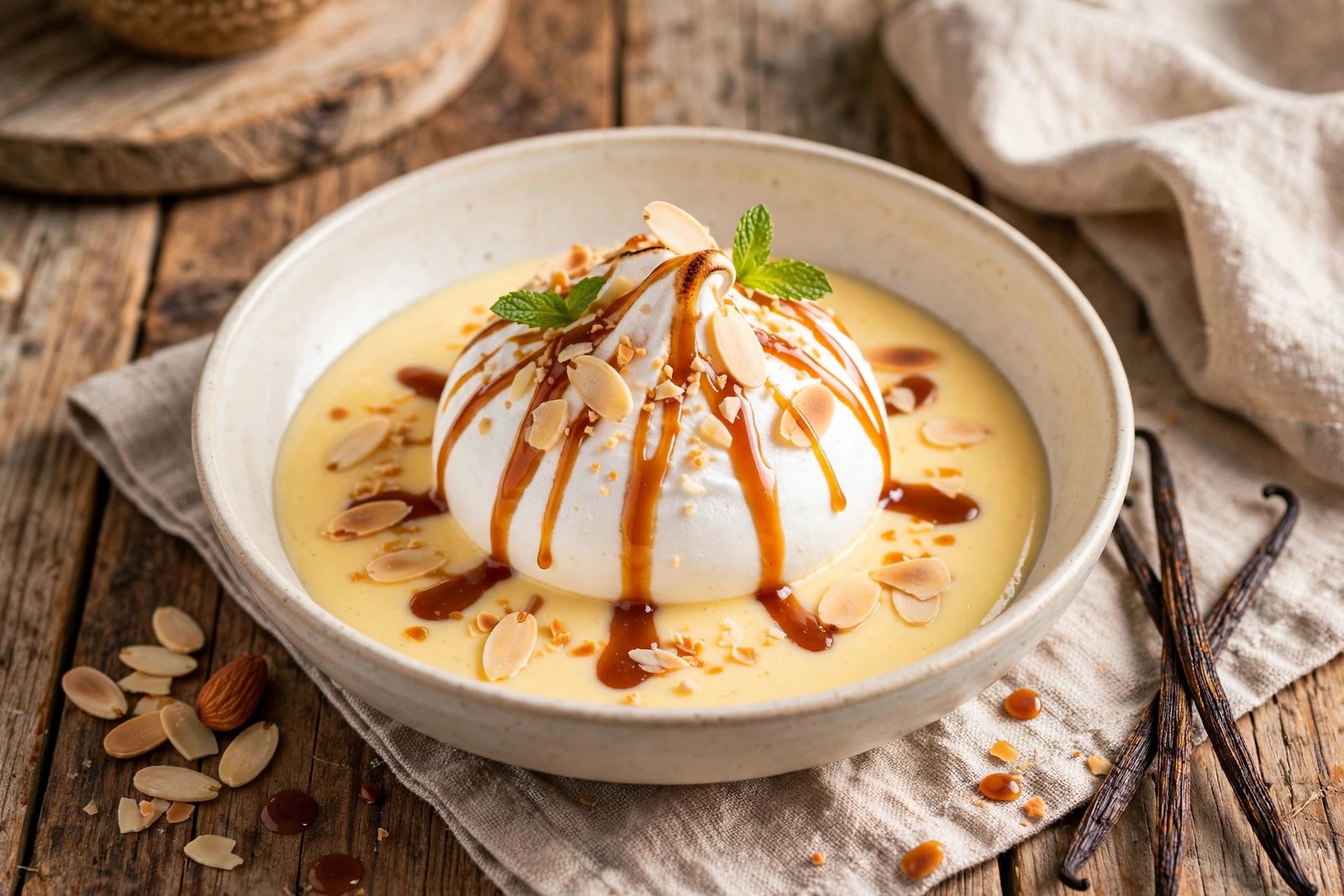 Île Flottante served beautifully, ready to eat