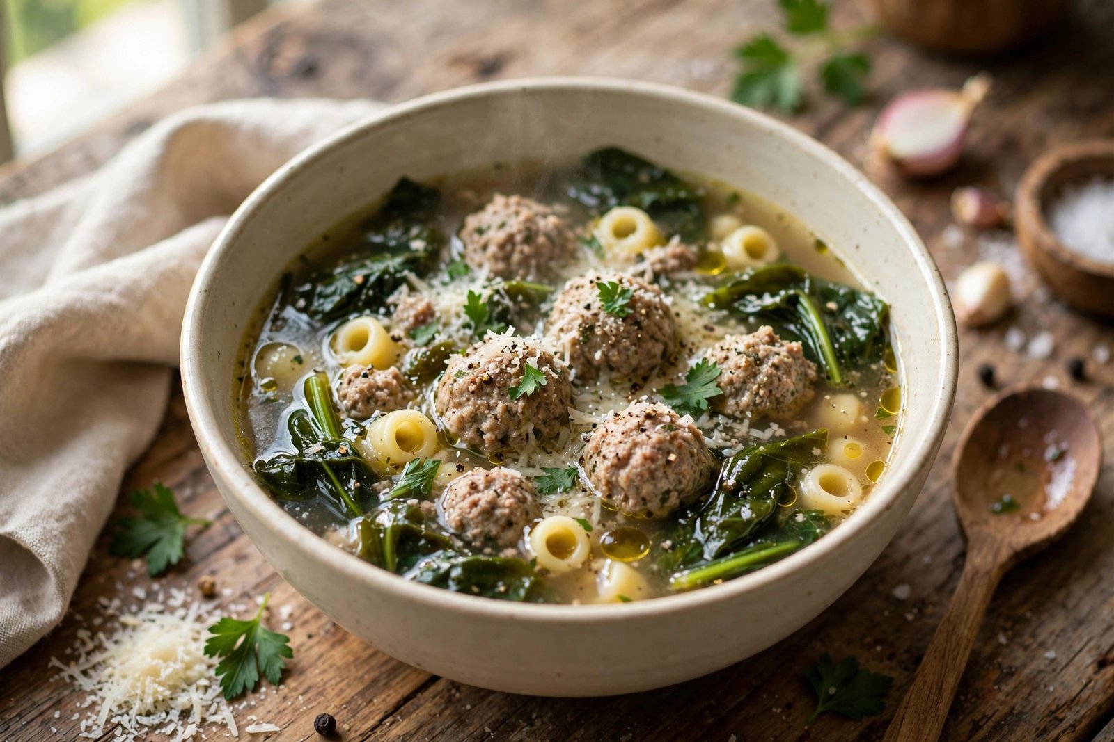 Italian Wedding Soup served beautifully, ready to eat