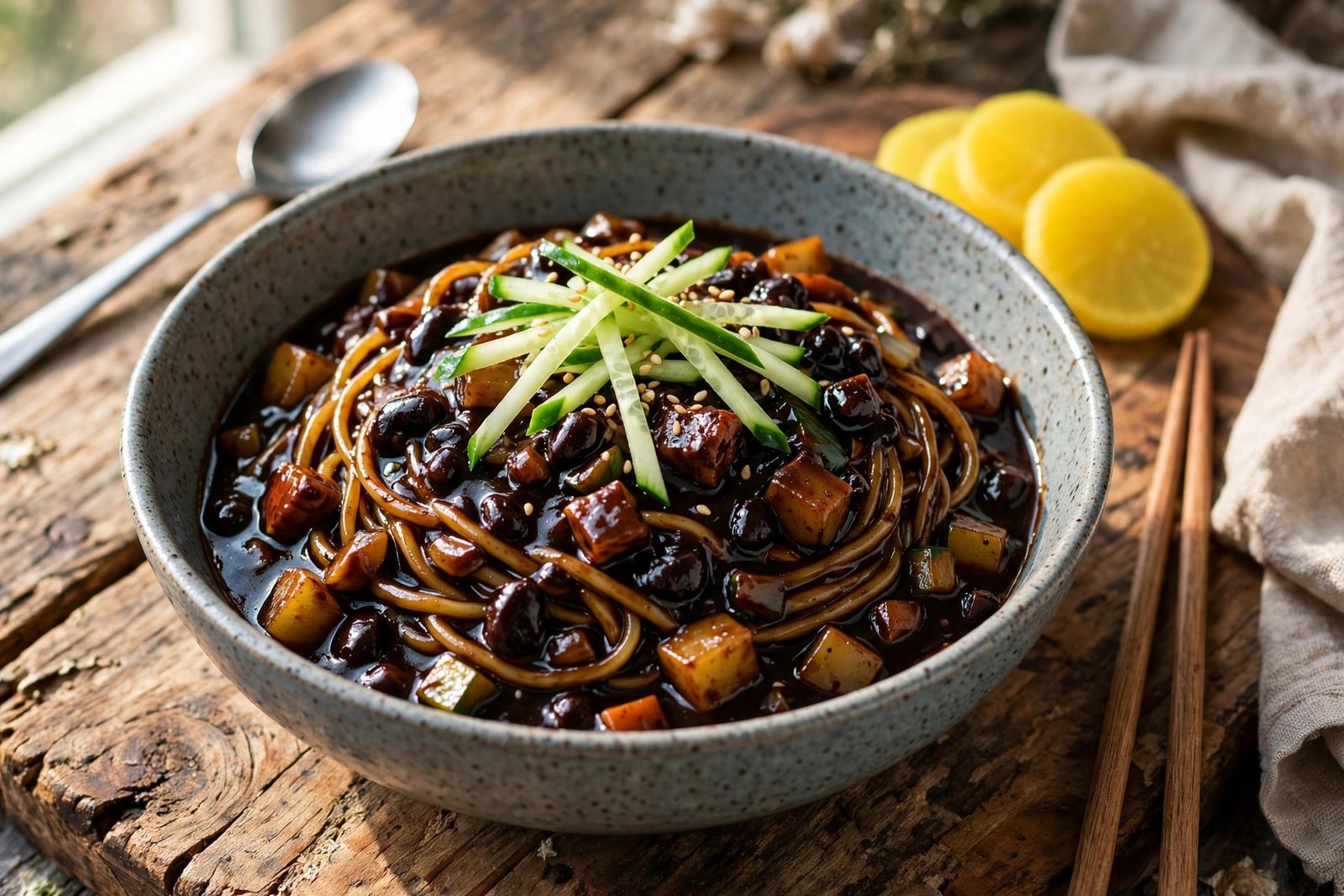 Jajangmyeon served beautifully, ready to eat