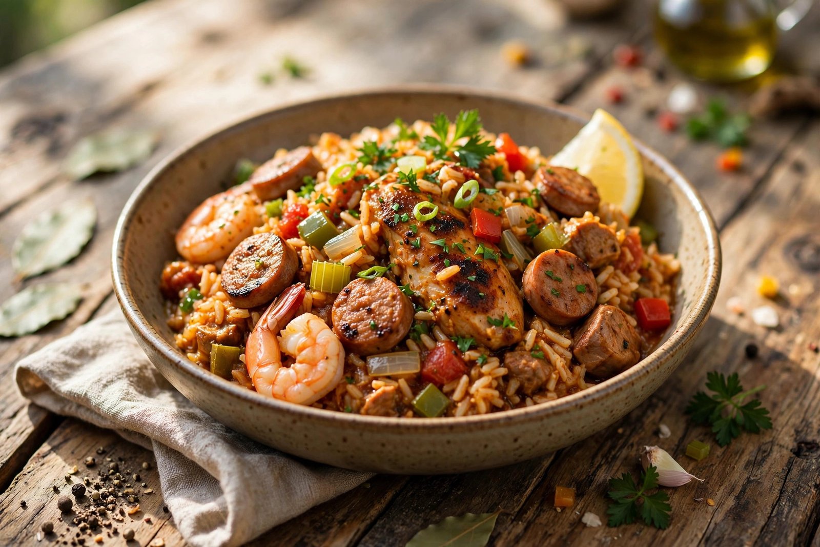 Jambalaya served beautifully, ready to eat