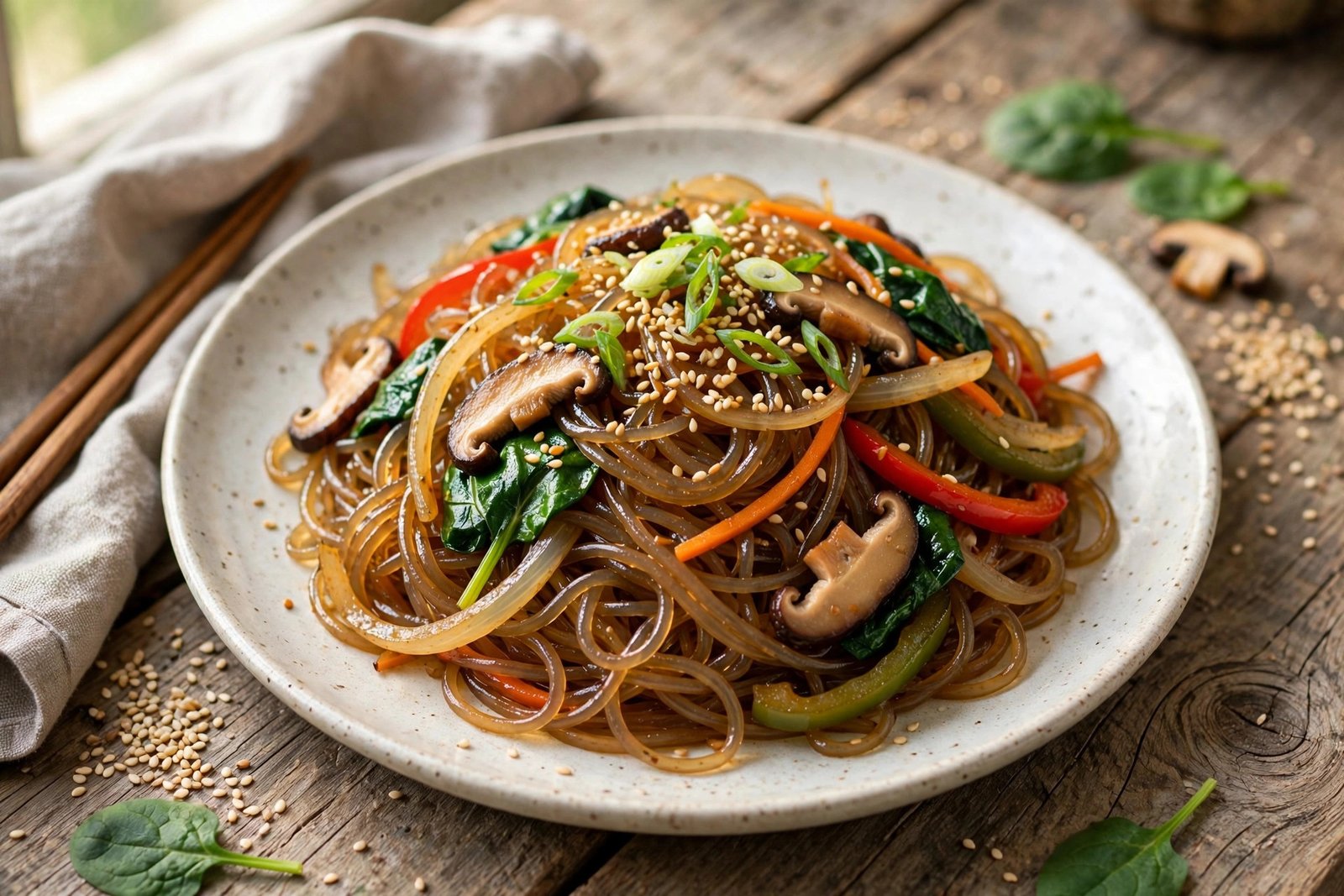 Japchae served beautifully, ready to eat