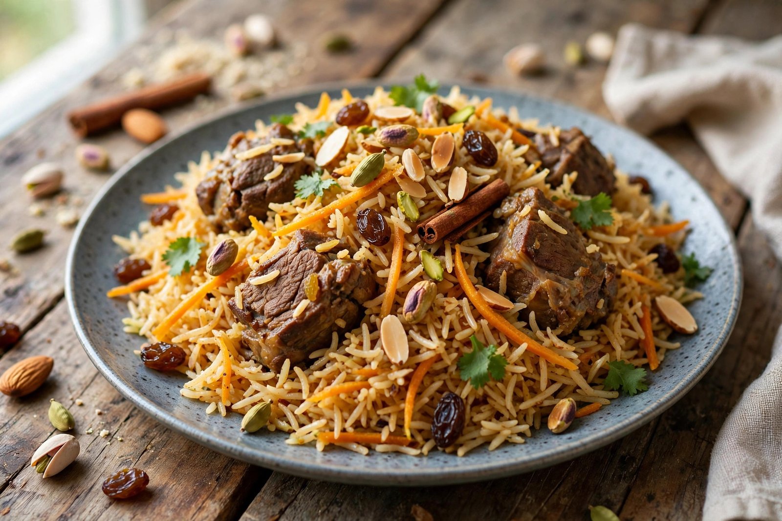 Kabuli Pulao served beautifully, ready to eat