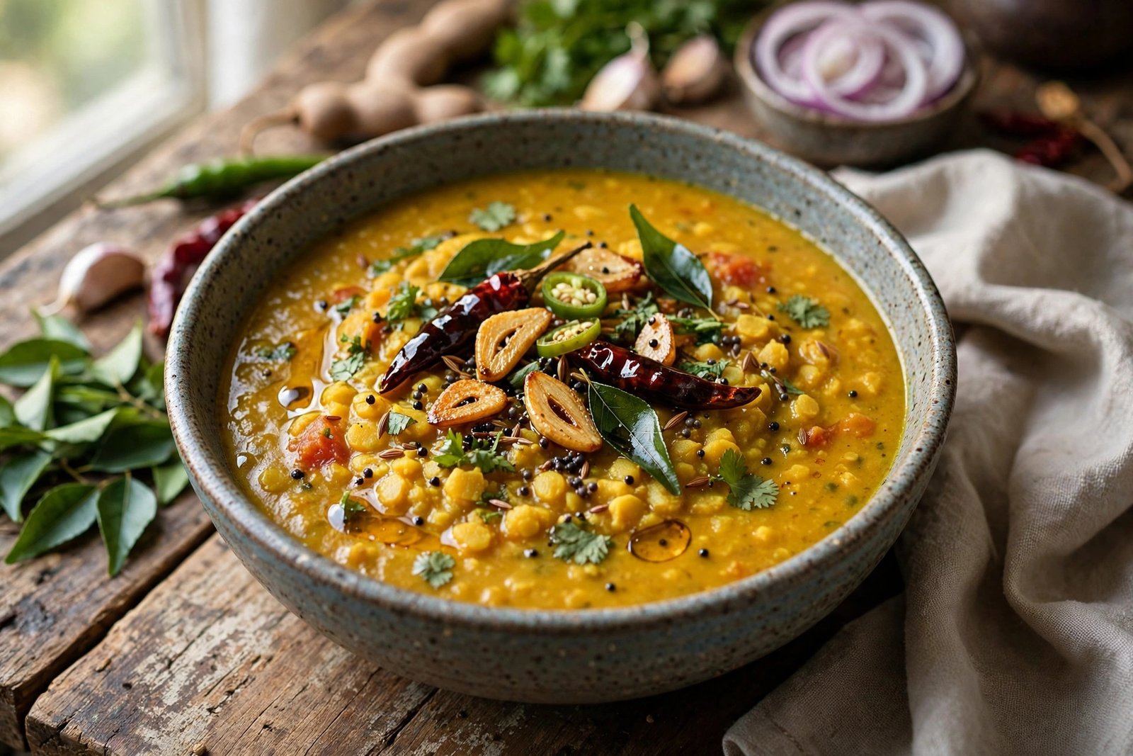 Khatti Daal served beautifully, ready to eat