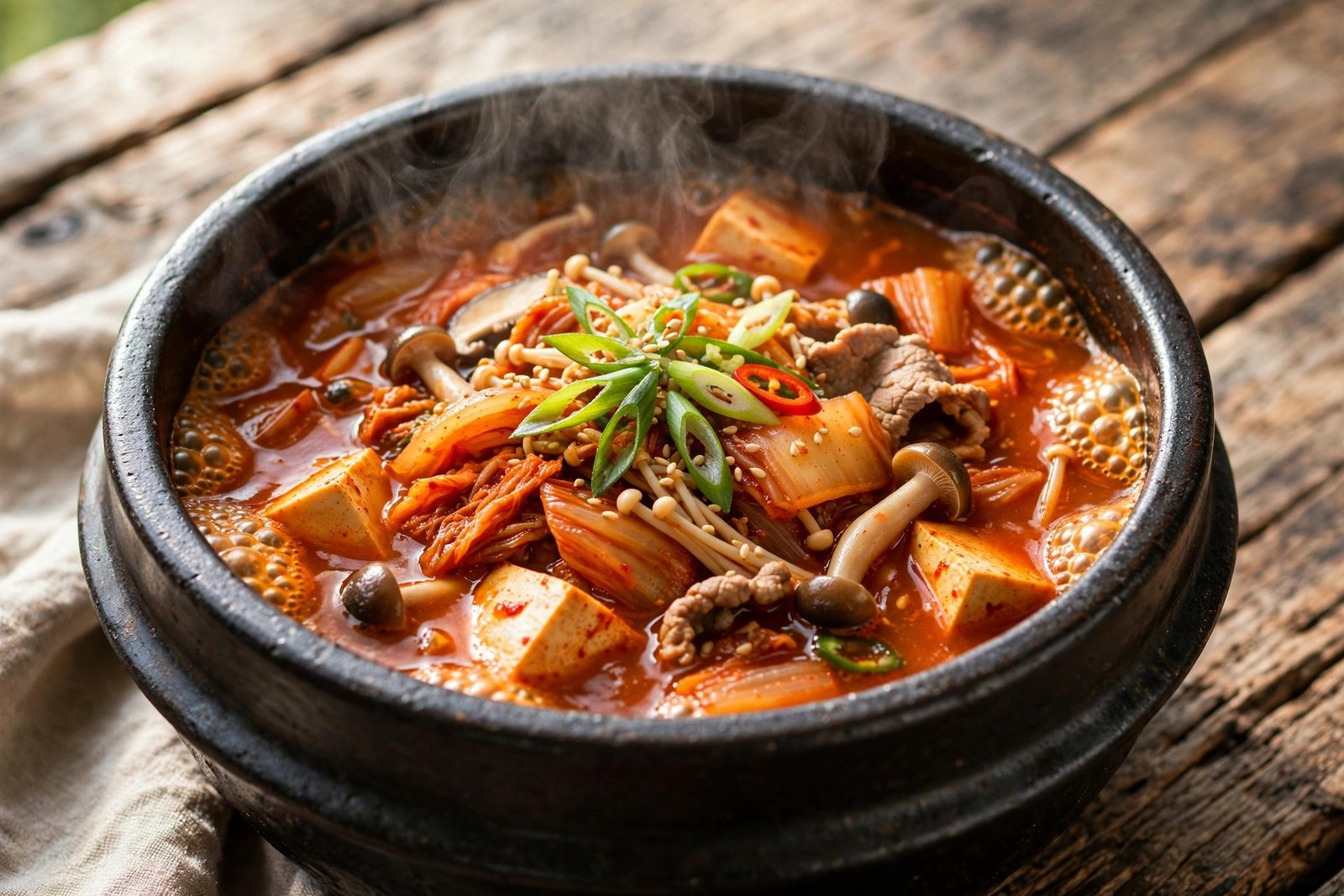 Kimchi Jjigae served beautifully, ready to eat