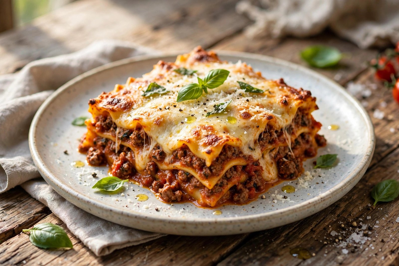 Lasagna Bolognese served beautifully, ready to eat