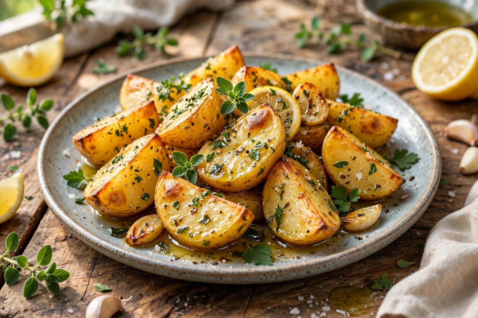 Greek Lemon Potatoes served beautifully, ready to eat