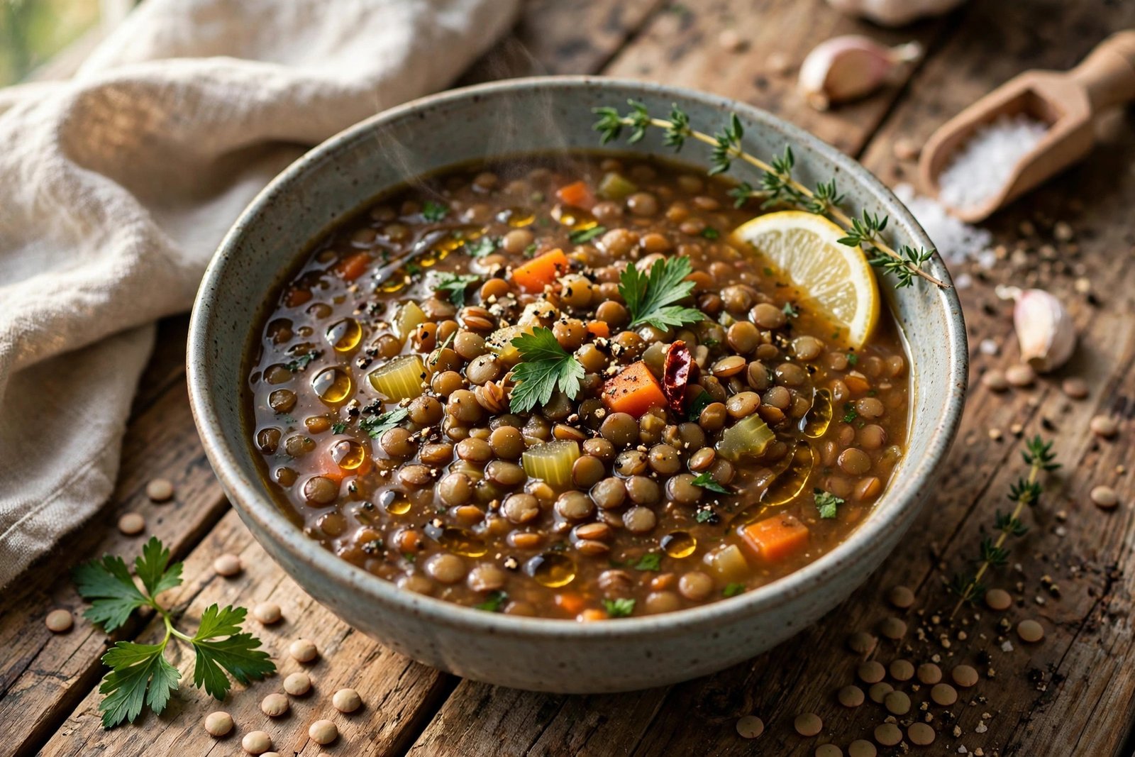 Greek Lentil Soup served beautifully, ready to eat