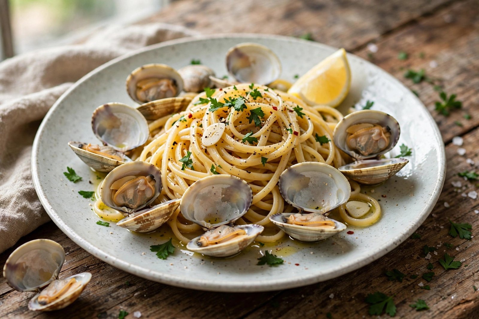 Linguine alle Vongole served beautifully, ready to eat