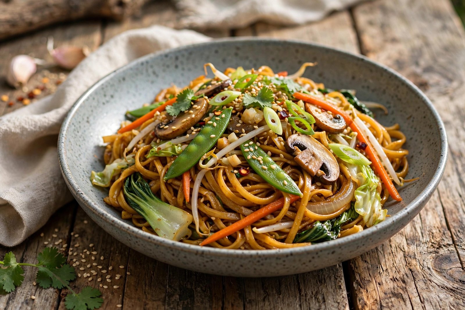 Vegetable Lo Mein served beautifully, ready to eat