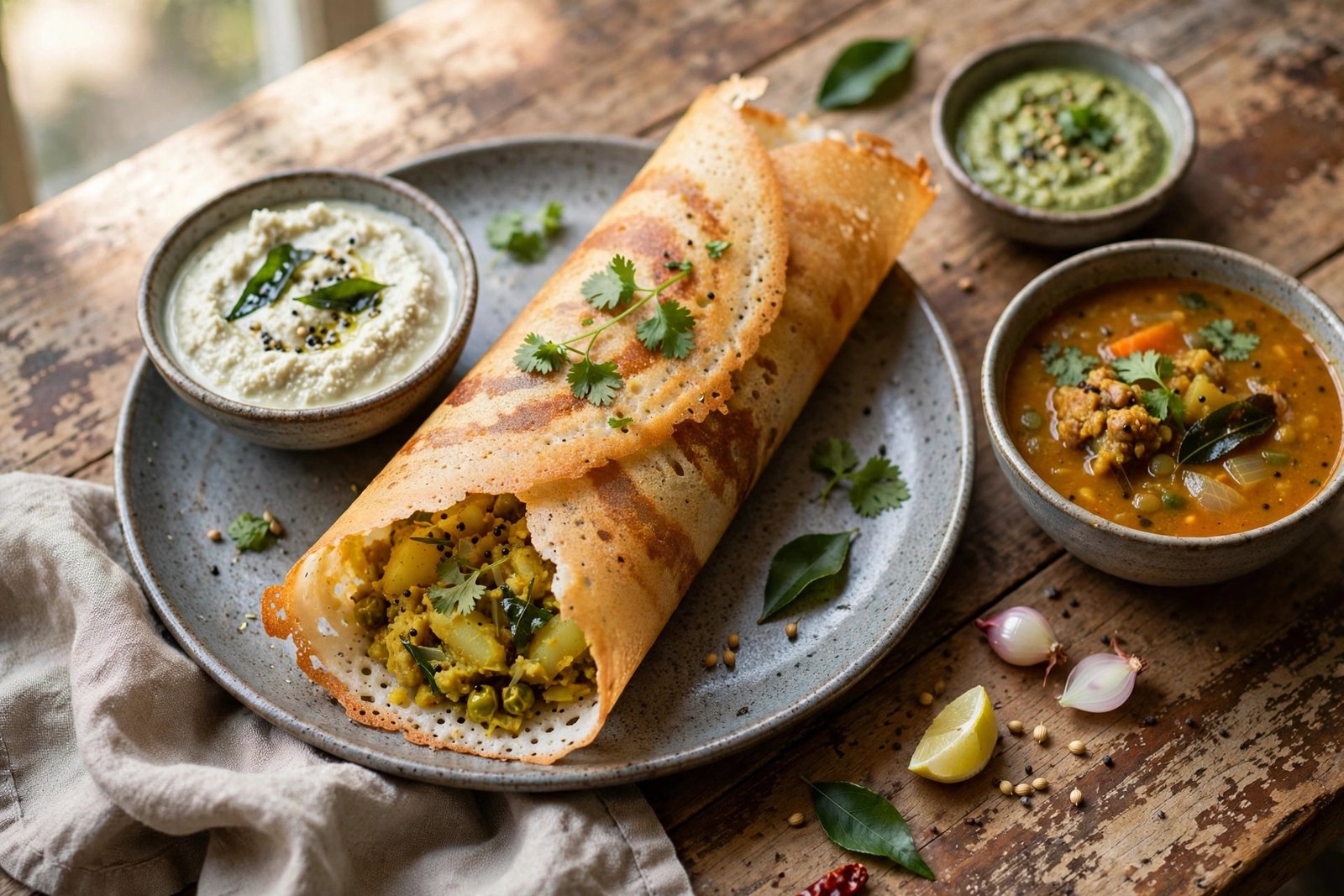 Masala Dosa served beautifully, ready to eat