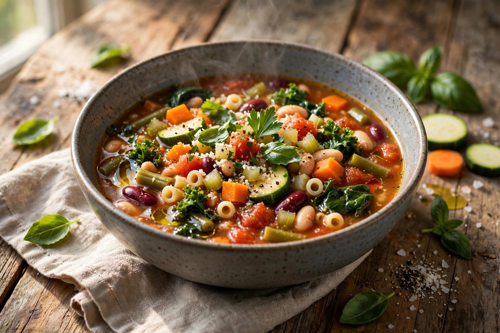 Minestrone Soup served beautifully, ready to eat