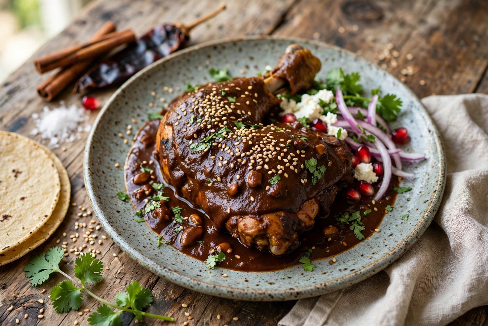 Mole Poblano served beautifully, ready to eat