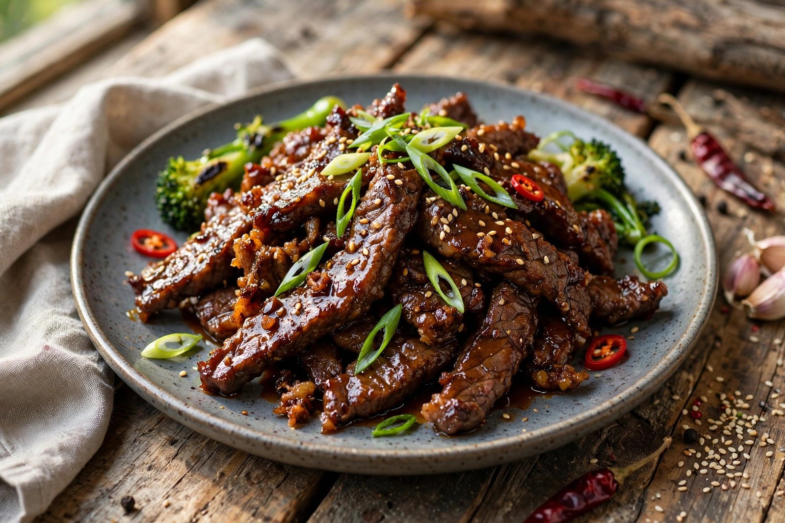 Mongolian Beef served beautifully, ready to eat