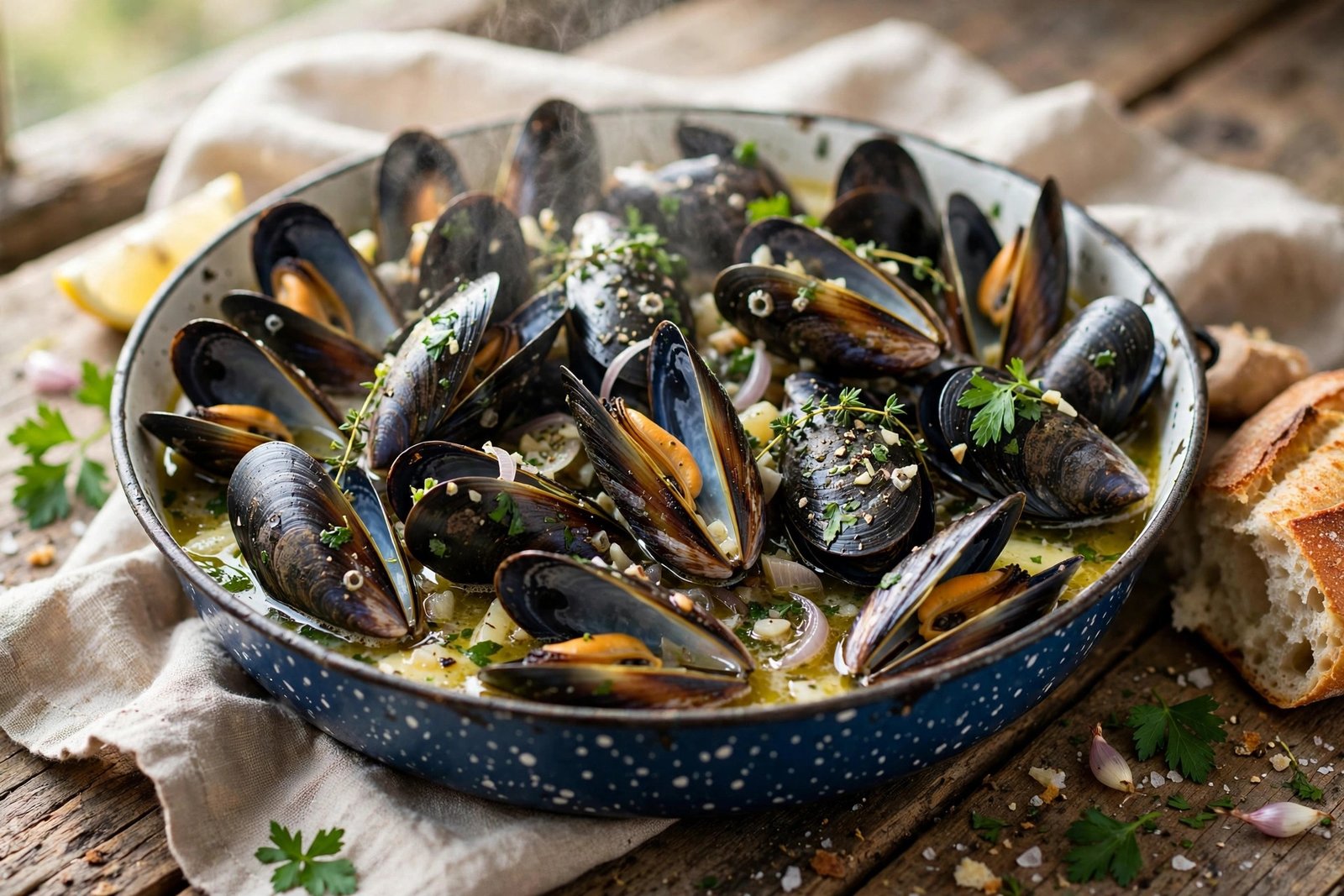 Moules Marinières served beautifully, ready to eat