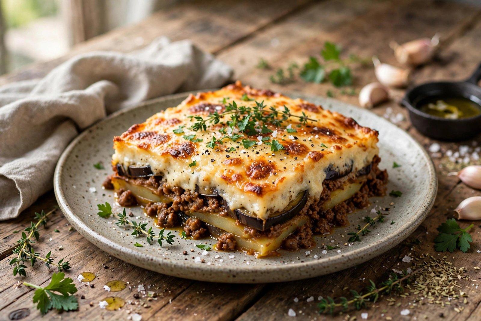 Moussaka served beautifully, ready to eat