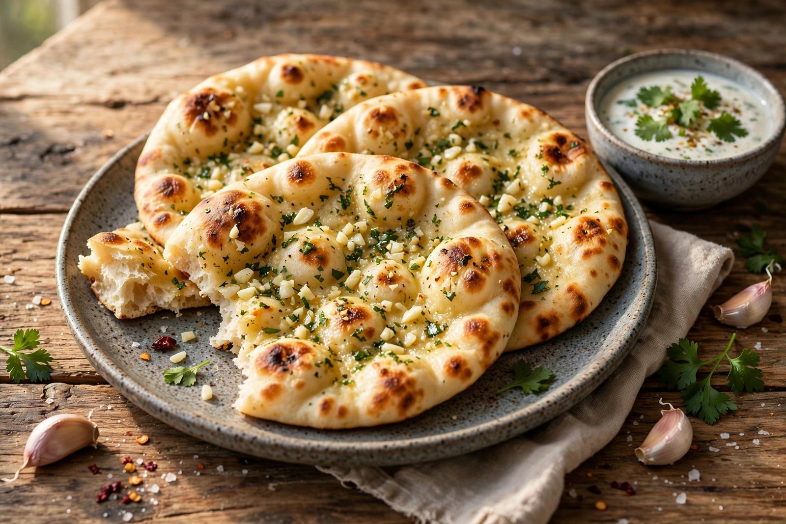 Garlic Naan served beautifully, ready to eat