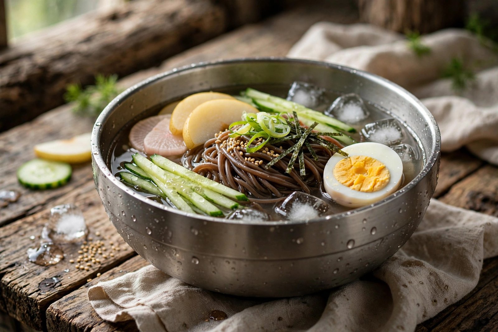 Naengmyeon served beautifully, ready to eat
