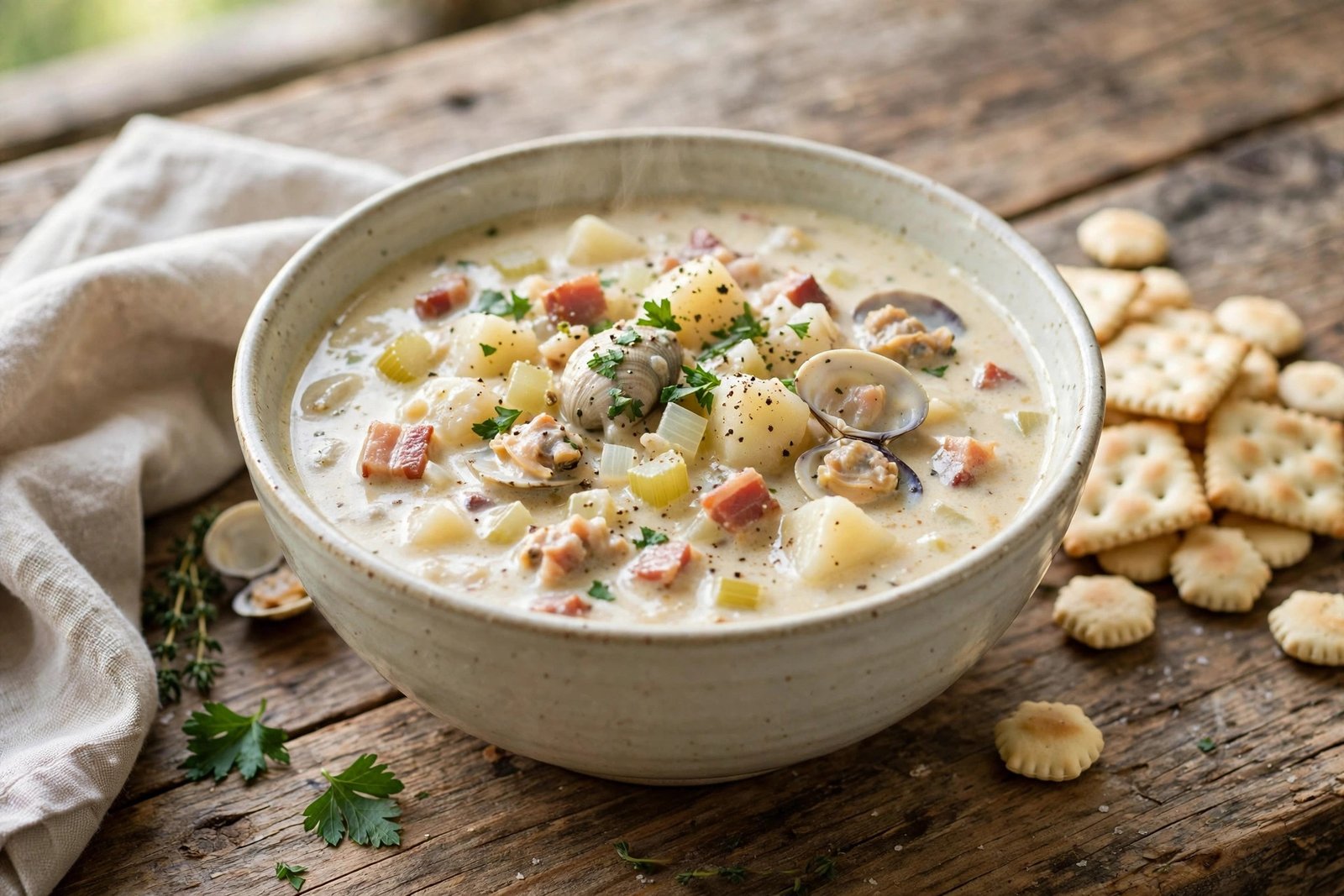 New England Clam Chowder served beautifully, ready to eat