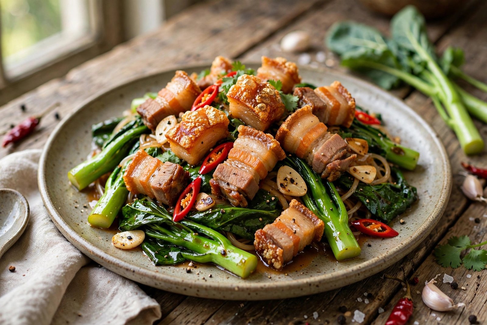Pad Kana Moo Grob served beautifully, ready to eat