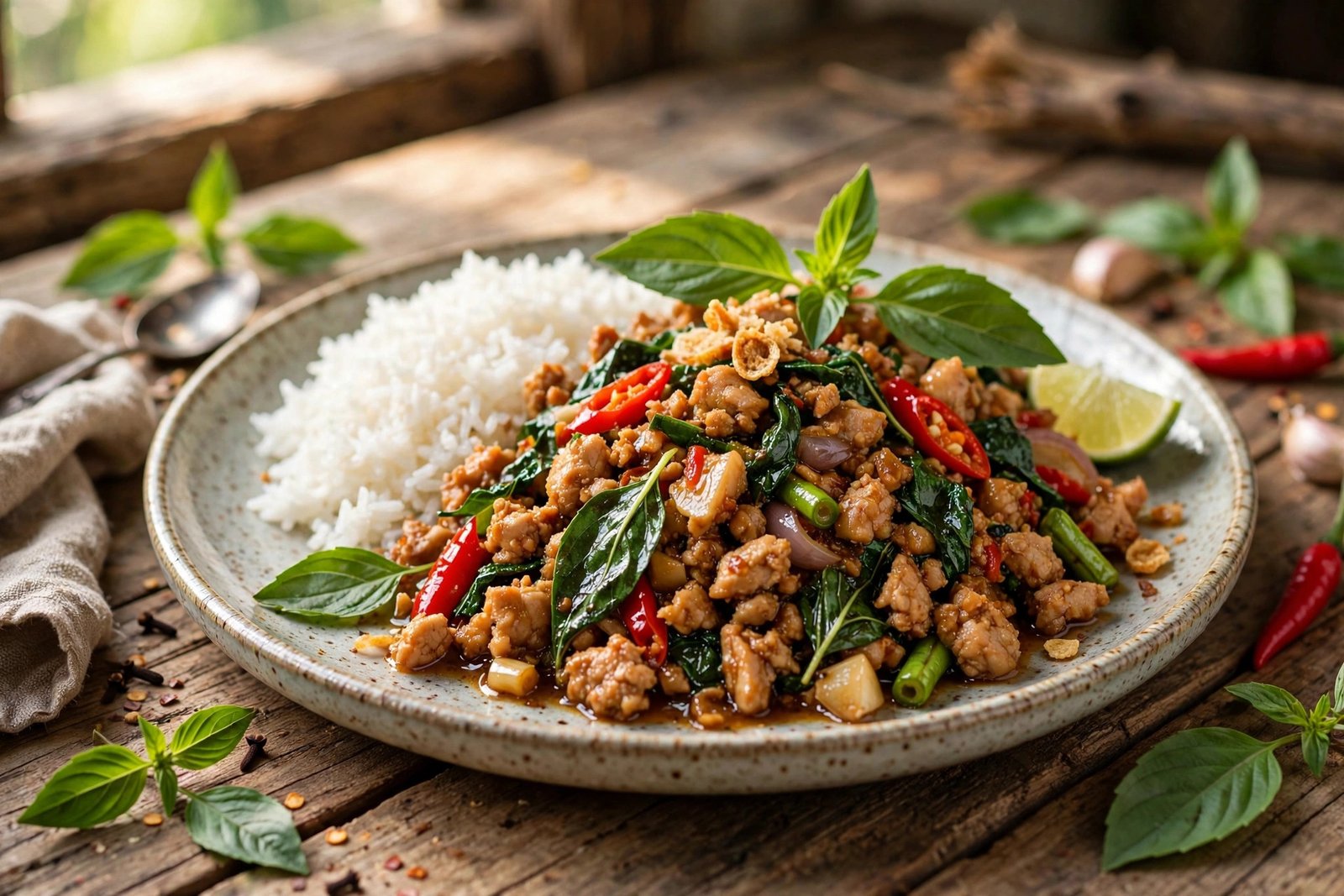 Thai Basil Chicken served beautifully, ready to eat