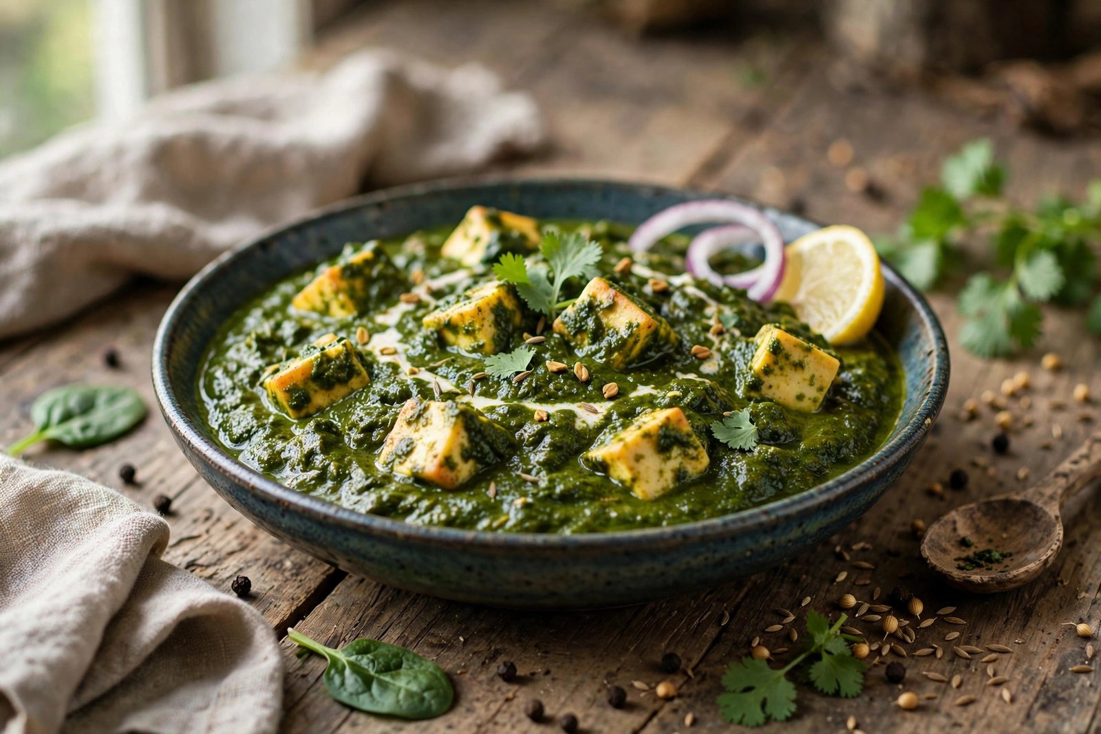 Palak Paneer served beautifully, ready to eat