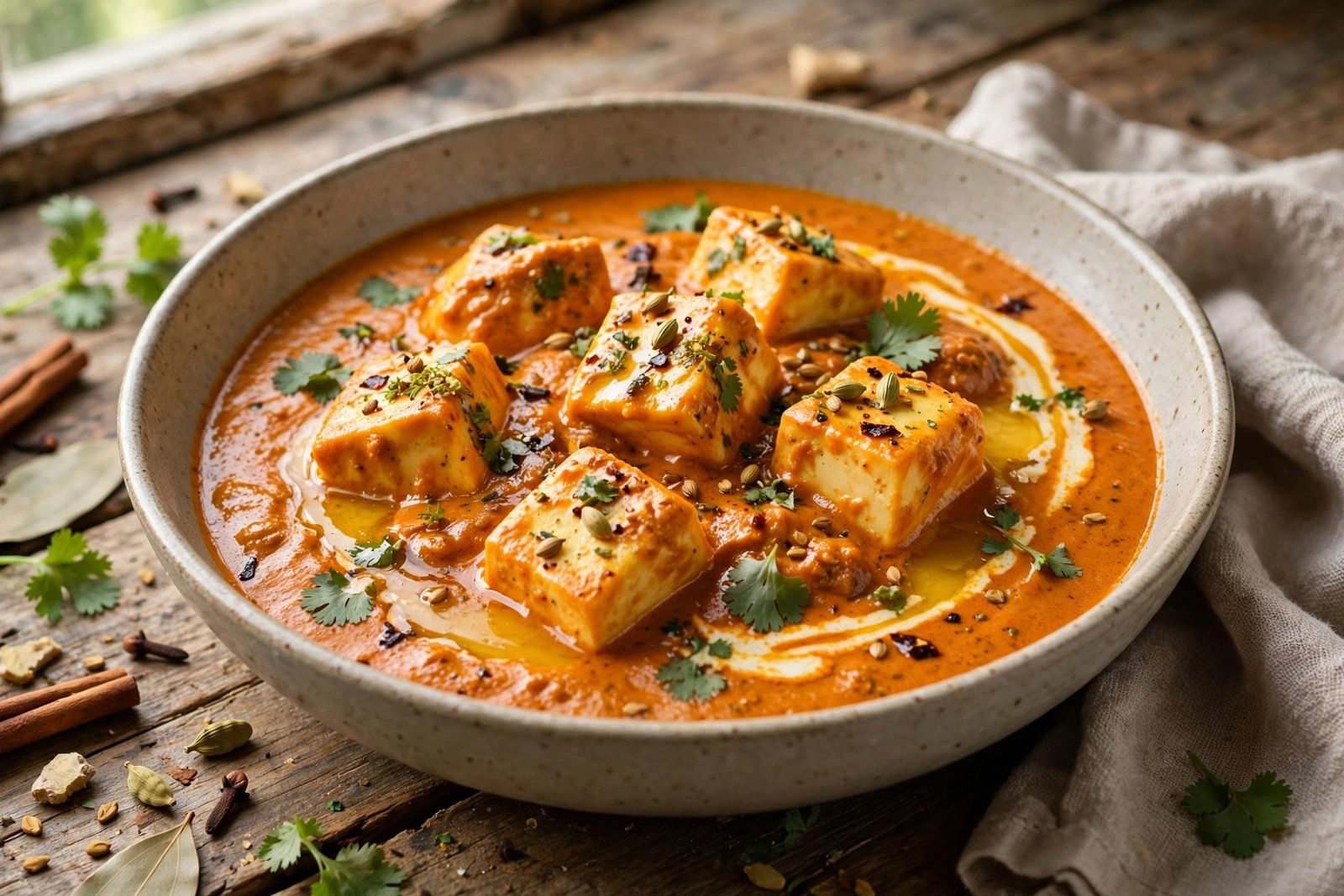 Paneer Butter Masala served beautifully, ready to eat