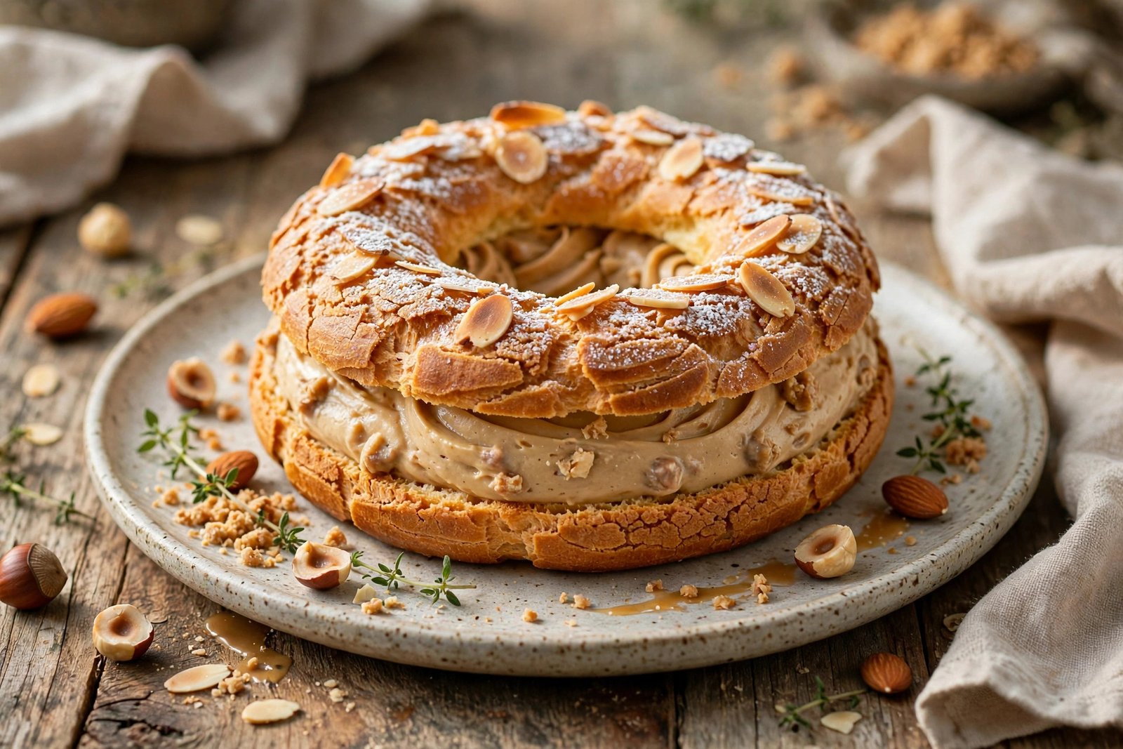 Paris-Brest served beautifully, ready to eat