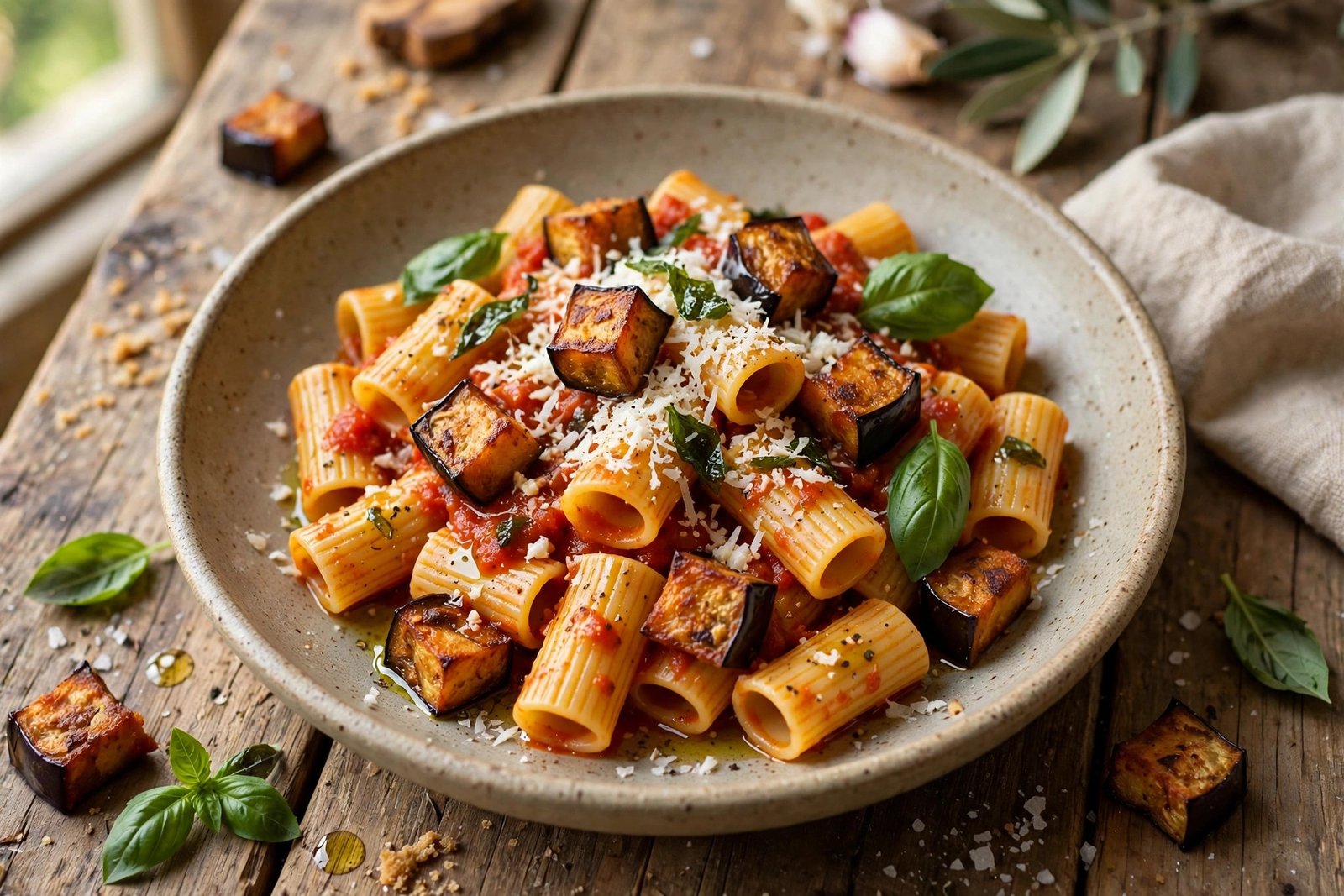 Pasta alla Norma served beautifully, ready to eat
