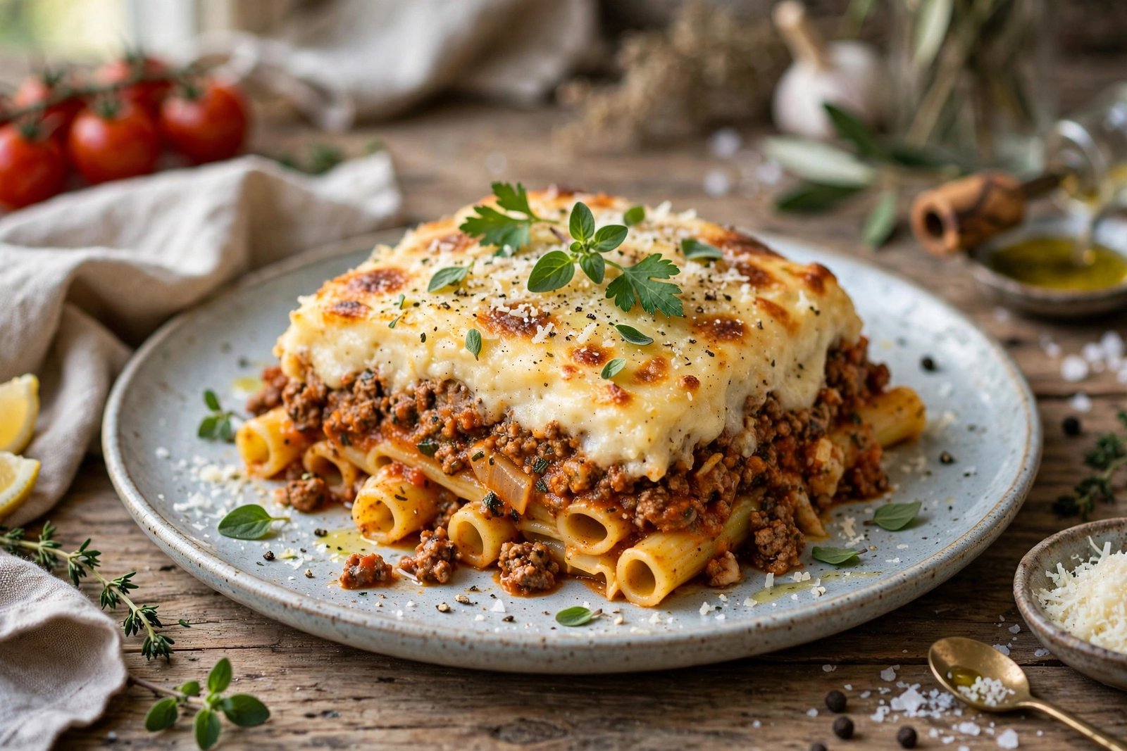 Pastitsio served beautifully, ready to eat