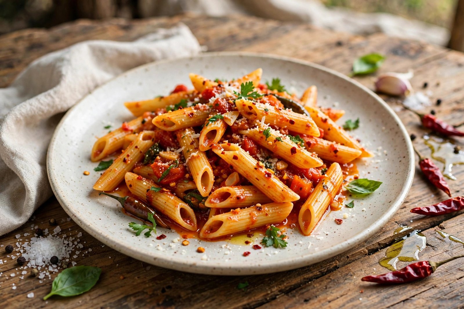Penne all'Arrabbiata served beautifully, ready to eat