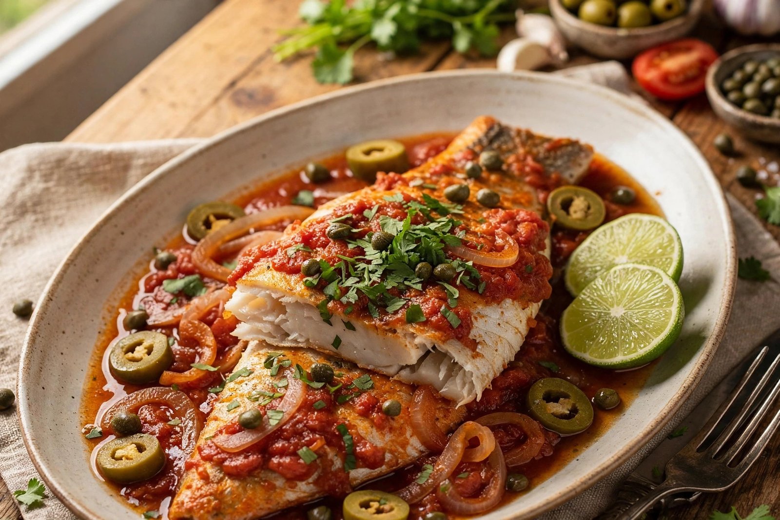 Pescado a la Veracruzana served beautifully, ready to eat