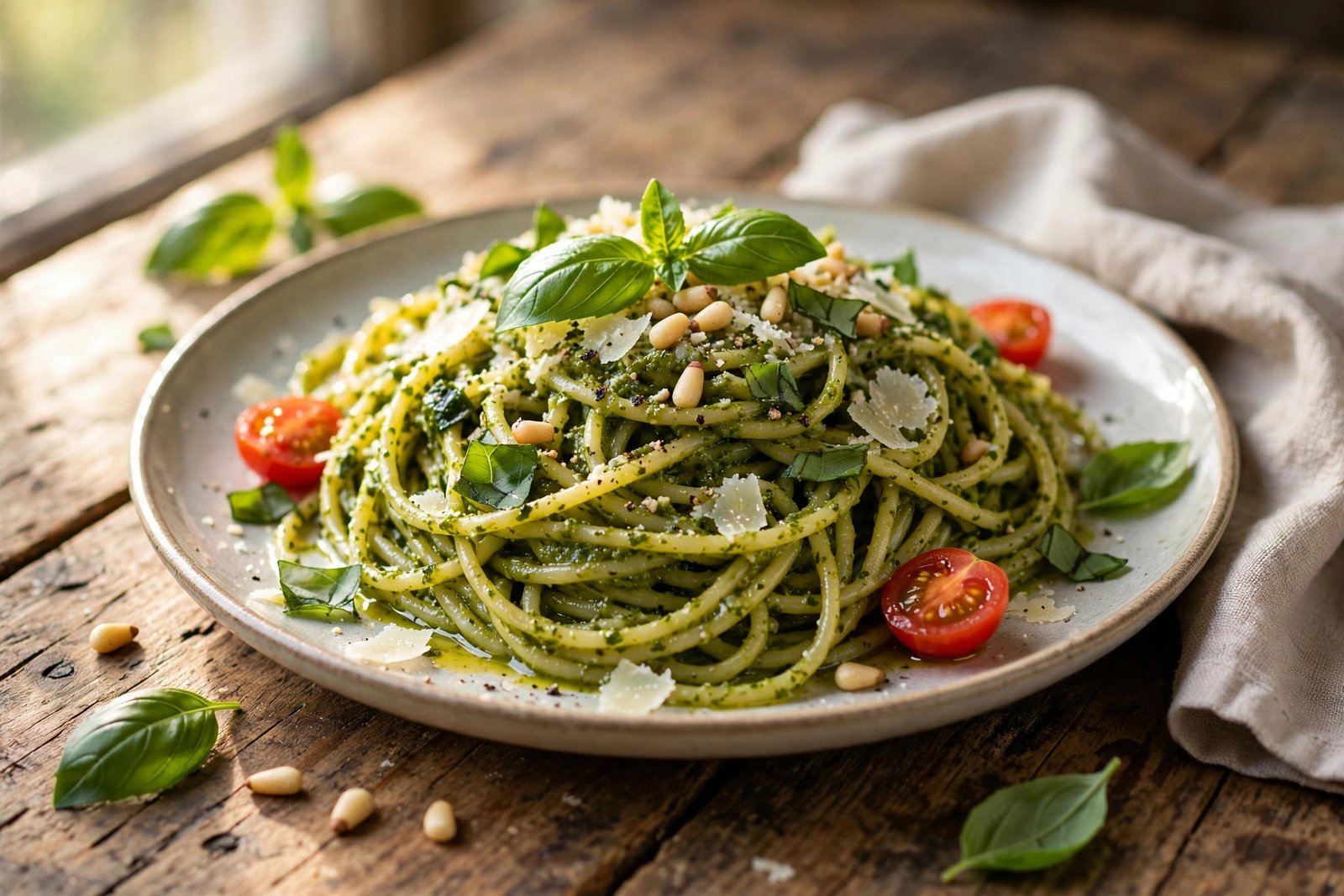 Basil Pesto Pasta served beautifully, ready to eat