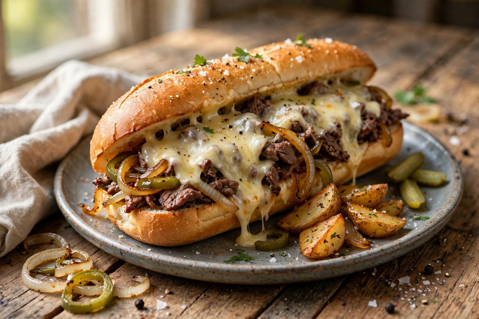 Philly Cheesesteak served beautifully, ready to eat