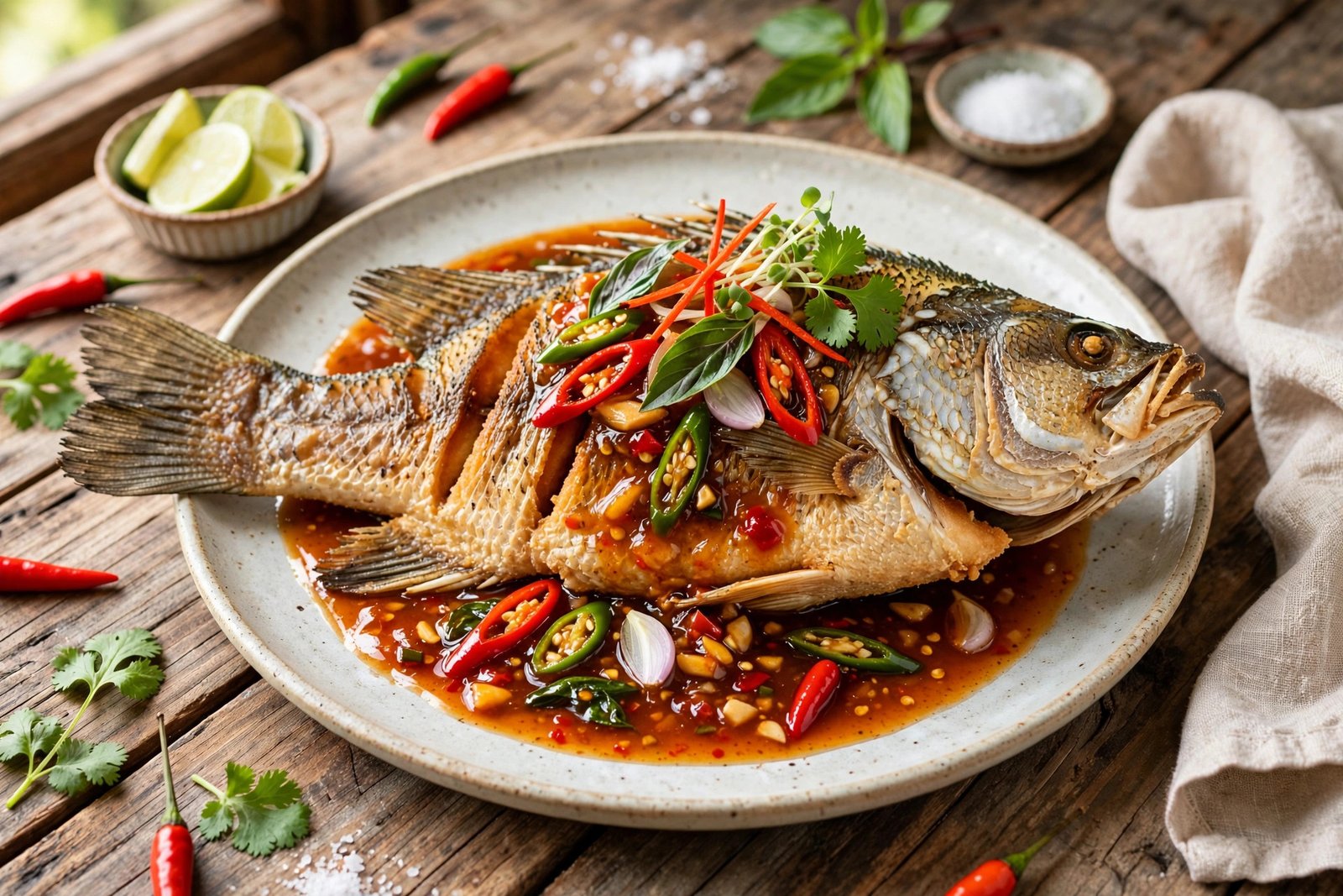 Pla Rad Prik served beautifully, ready to eat