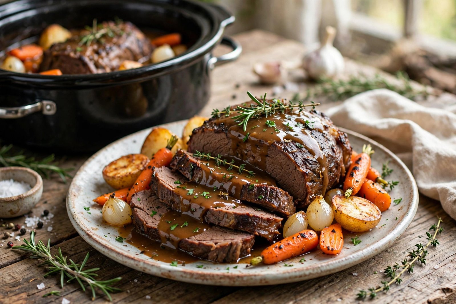 Slow Cooker Pot Roast served beautifully, ready to eat