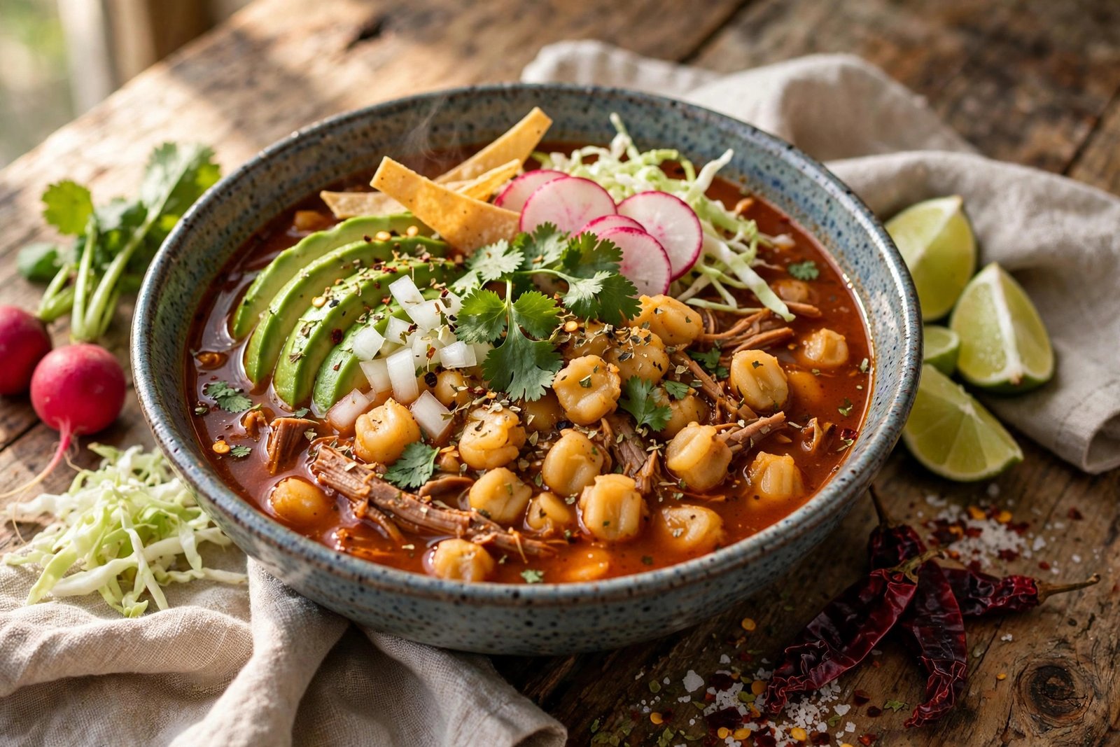 Pozole Rojo served beautifully, ready to eat
