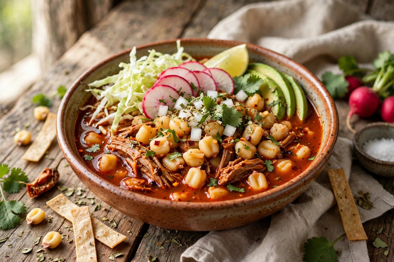 Pozole Rojo served beautifully, ready to eat