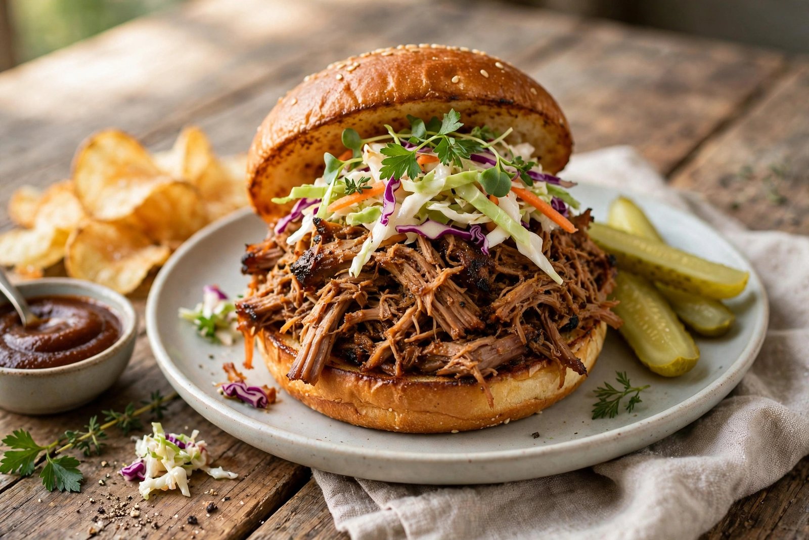 Pulled Pork Sandwich served beautifully, ready to eat
