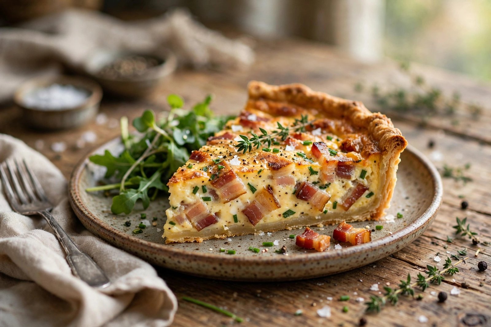 Quiche Lorraine served beautifully, ready to eat