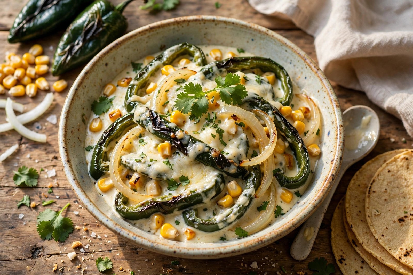 Rajas con Crema served beautifully, ready to eat