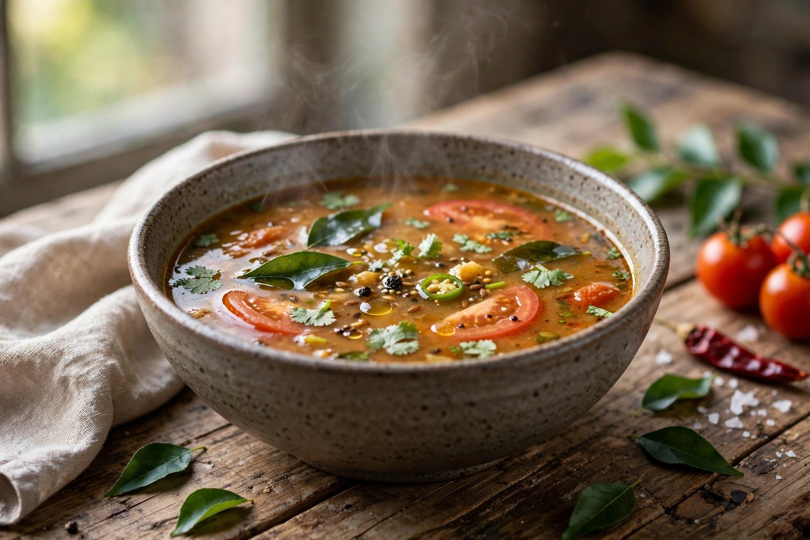 Rasam served beautifully, ready to eat
