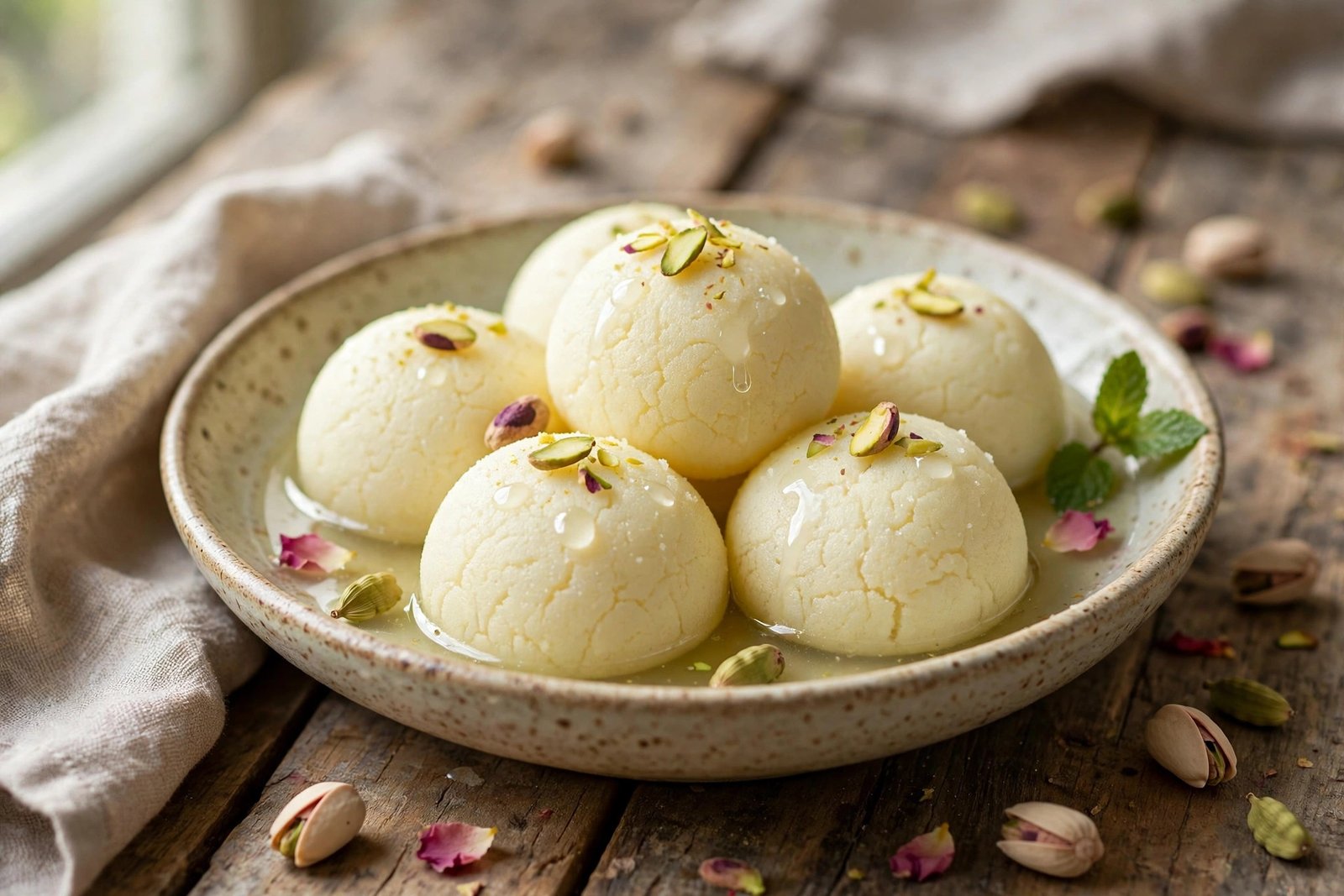 Rasgulla served beautifully, ready to eat